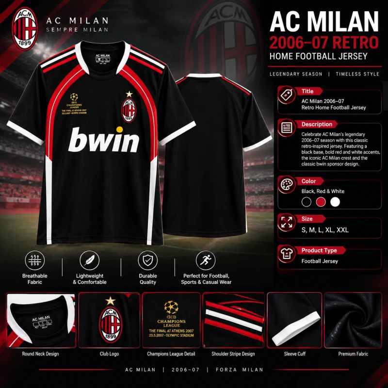 AC Milan 2006–07 Retro Home Football Jersey – Black, Red & White